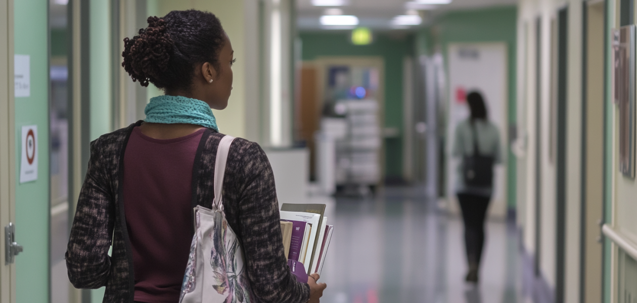 Black woman holding books in a corridor in a library